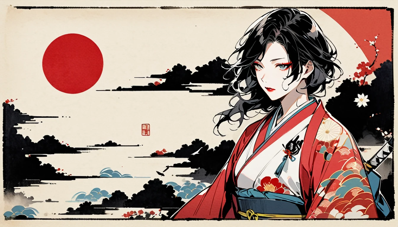 (((Ink Painting))), (((Japan刀))), (((1 girl))), (((Flashy makeup))), (((warrior))), (((Izanami))), Japan人の美少女, Black Hair, Delicate and precise, Modern ukiyo-e style,Japan, Japanese flag