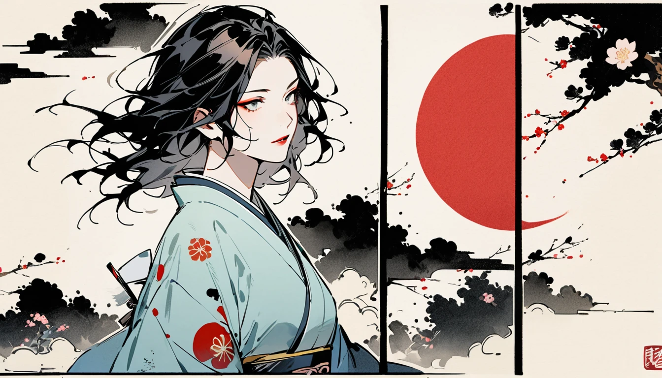 (((Ink Painting))), (((Japan刀))), (((1 girl))), (((Flashy makeup))), (((warrior))), (((Izanami))), Japan人の美少女, Black Hair, Delicate and precise, Modern ukiyo-e style,Japan, Japanese flag
