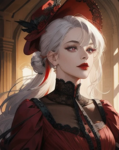 a mischievous victorian era woman, 30 years old, hat, mischievous, sexy red dress, red lips, updo, long straight white hair, striking purple eyes, side-swept bangs, long black gloves, detailed realistic portrait, photorealistic, hyperrealistic, 8k, detailed clothing, beautiful detailed eyes, beautiful detailed lips, extremely detailed face, intricate ornate details, cinematic lighting, dramatic shadows, warm color tones, natural lighting, highly detailed, masterpiece, artstation, sharp focus, hyper detailed, 
