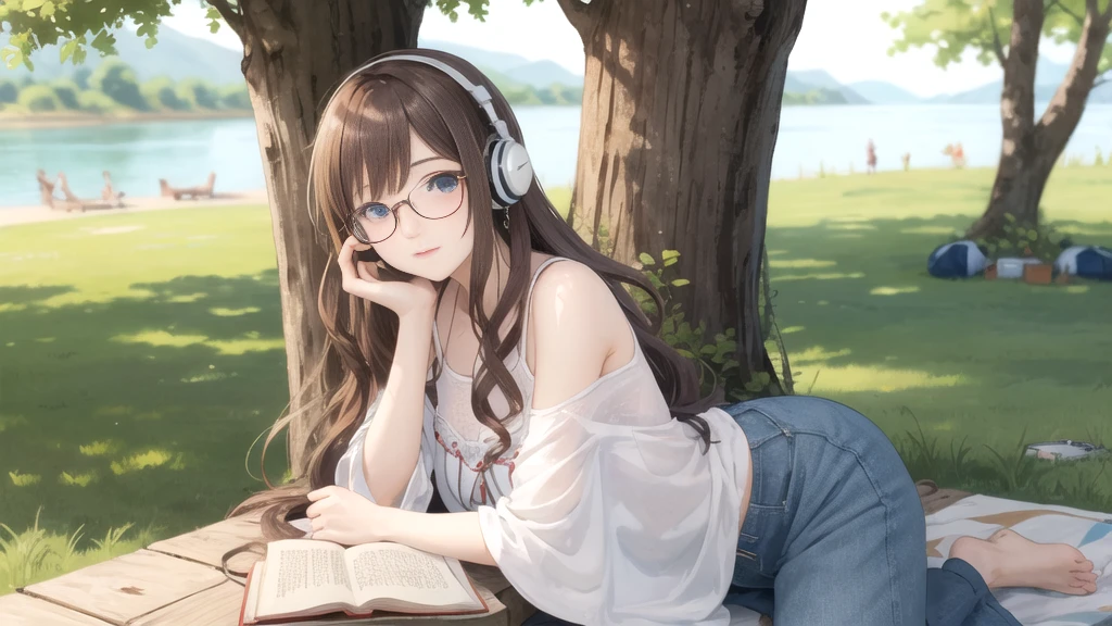 A young woman with fair white skin, freckled light blue eyes, and long chestnut curly hair. The woman is dressed in a bohemian style and wears large round glasses. This woman is leaning against a tree by the lake; She is listening to music with a book in her hand and headphones in her ears. ( Bohemian and mystical ) --- (((LONG SHOT)))) --- (Soft, relax, peaceful and content) --- (((MANGA)))