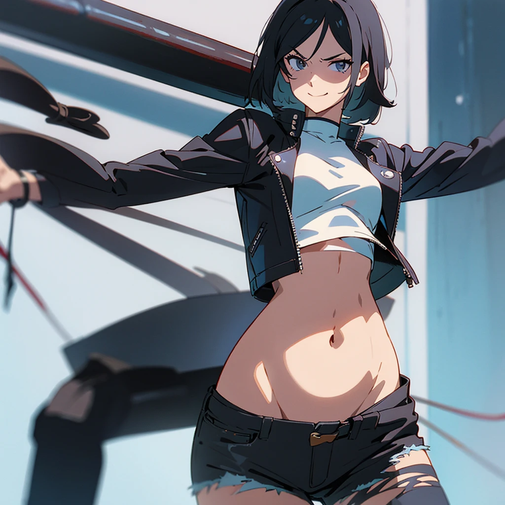 Anime girl, leather jacket, delinquent, black hair, white shirt, ripped jeans, crop top, belly button, baseball bat, smirk, navel, motorcycle