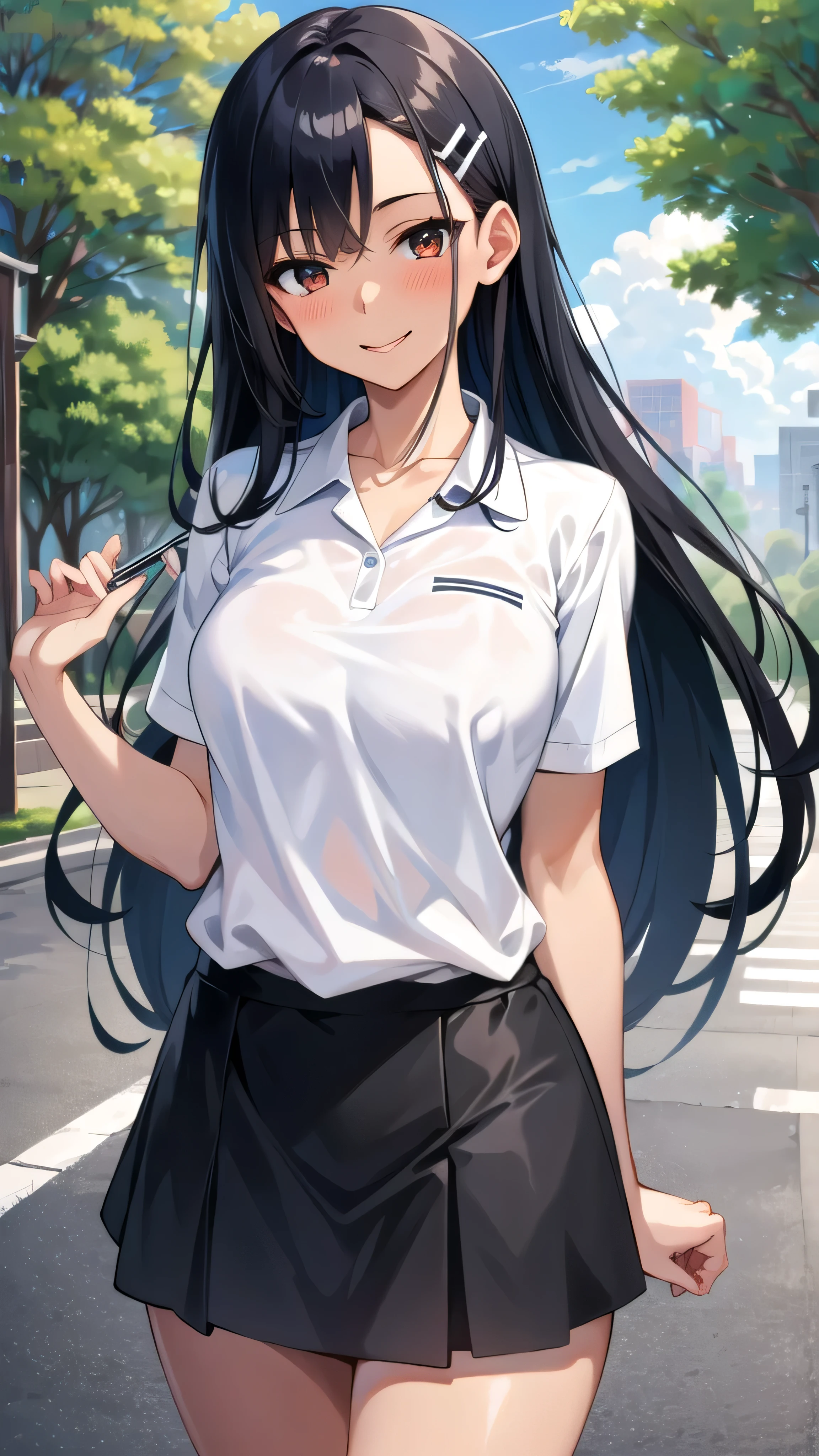 ((best quality)), ((masterpiece)), (details), one girl, sexy ((best quality)), ((masterpiece)), (details), one girl, sexy ((best quality)), ((masterpiece)), (details), one girl, full body, sexy expensive body, expensive, long legs, mature woman, mature, adult, it_nagatoro_main, Hayase Nagatoro, one girl, blushing, alone, white polo shirt, short sleeves, black hair,brown eyes, hair accessory, looking at viewer, hair clip, smiling, long hair, dark skinned woman, dark skin, , bangs, daytime, skirt, collared shirt, collarbone, ear clip, mouth closed, tree, asymmetrical bangs, upper body