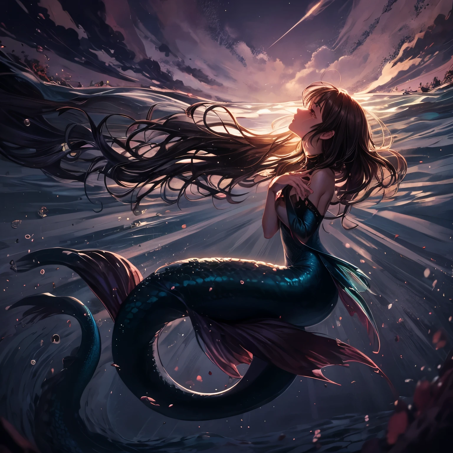 {worst quality, low-quality}, Silhouette art of a mermaid crying out her soul at the bottom of the sea, light spreading from the sea surface into the sea, anime style illustration, Must-Have, Best Quality, Super Detailed,