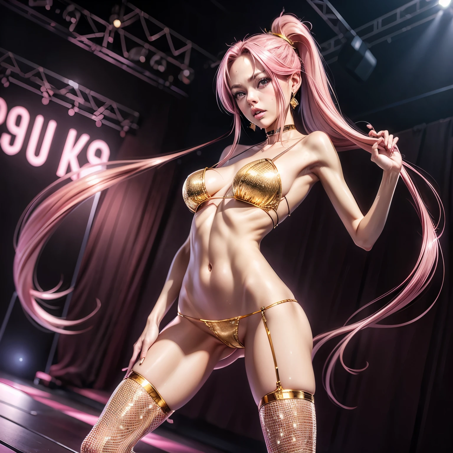 photoreal, portrait, 18 year old japanese woman, mouth open, extremely long pink hair, two ponytails, gold bikini (cleavage:1.2) gold panties, (Extremely thin and slender body:1.3) gold thighhighs, standing in nightclub, stage