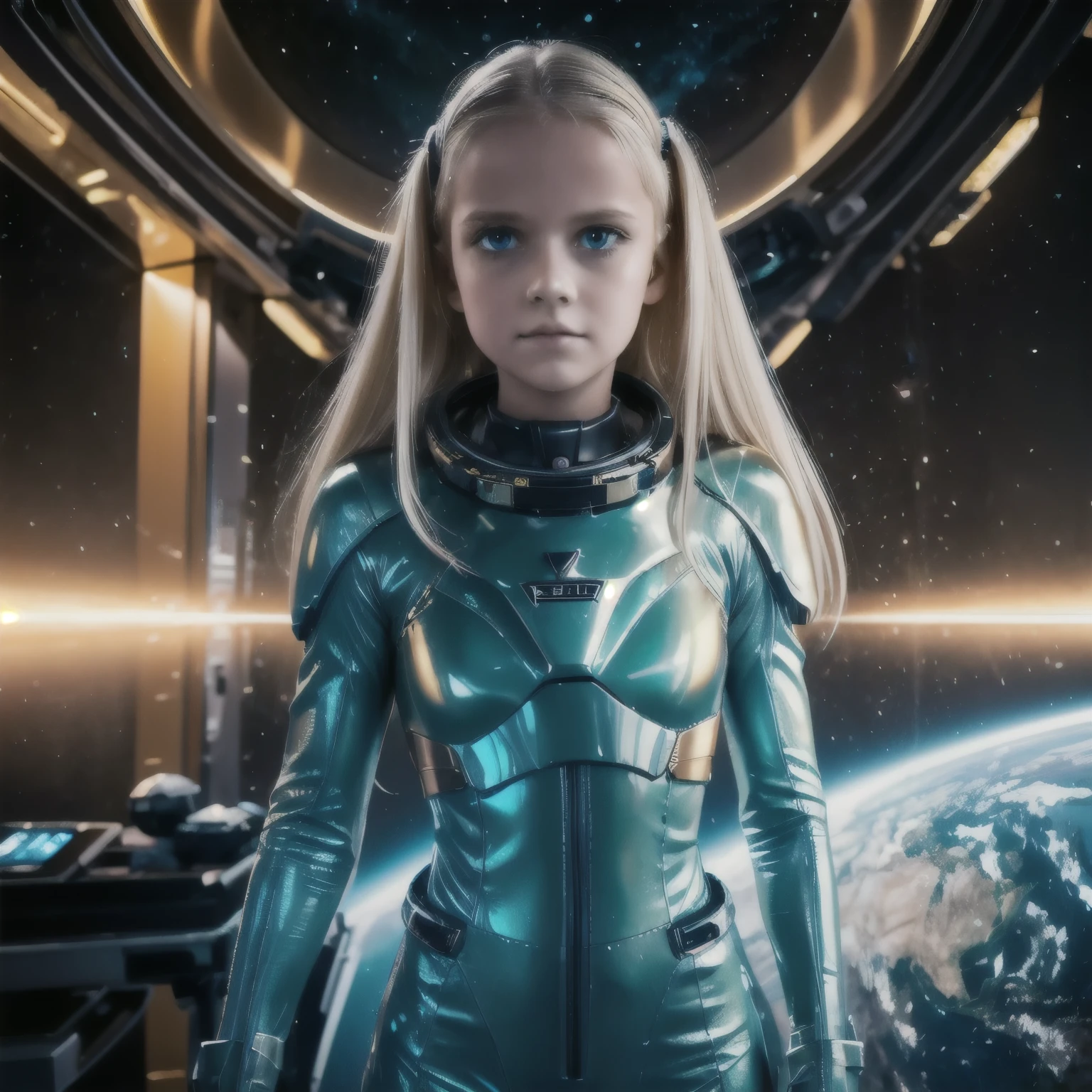 (young girl, s old, blond hair, photorealistic, pale skin), (yellow (eyes:1.2)), (slim build:1.3), (fantasy space suit), beautiful face, symmetrical face, Greg Rutkowski, wlop and Sam Kuvshinov, (long hair), blond eyelashes, large iris, large pupil, full body, standing on the background of the cosmodrome, artstation, 8k, science fiction, pastel colors, props, panel, concept, futuristic, gribble, simon stalenhag, space, in outer space, a spaceship in the sky, technological blocks