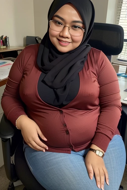 Malay milf in hijab, wearing a glasses, overweight, chubby, ssbbw, getting fat, obesse, belly getting bigger, potrait, smile, wearing a cardigan, at office, office desk, office chair, do a job