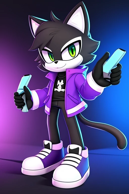 Create a cat with a purple jacket with a gamer style