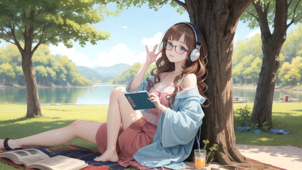 A young woman with fair white skin, freckled light blue eyes, and long chestnut curly hair. The woman is dressed in a bohemian style and wears large round glasses. This woman is leaning against a tree by the lake; She is listening to music with a book in her hand and headphones in her ears. ( Bohemian and mystical ) --- (((LONG SHOT)))) --- (Soft, relax, peaceful and content) --- (((MANGA)))