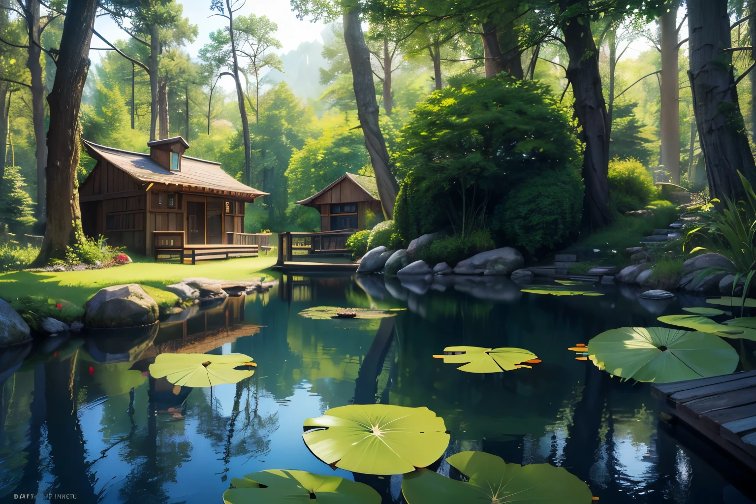 a fantasy elf village, detailed elf figures, lush green forest, intricate wooden architecture, glowing magical lights, mystical atmosphere, serene pond with lily pads, colorful flowers and plants, detailed leaf textures, warm sunlight filtering through the trees, a sense of enchantment and wonder, (best quality,8k,highres,masterpiece:1.2),ultra-detailed,(realistic,photorealistic,photo-realistic:1.37),concept art,vibrant colors,dramatic lighting