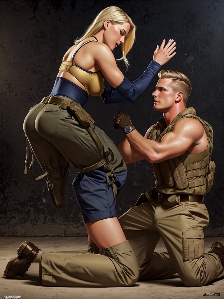 Leyendecker style illustration of a blonde Navy SEAL making love to a girl. He is dressed in a Kevlar body armor, the girl is kneeling in front of him, unbuttoning his trousers and underpants.