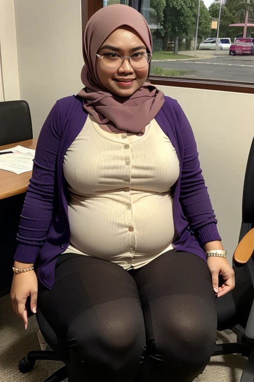 Malay in hijab, wearing a glasses, overweight, chubby, ssbbw, getting fat, obesse, belly getting bigger, potrait, smile, wearing a cardigan, at office, office desk, office chair, do a job