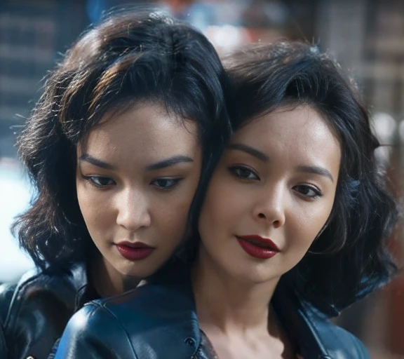 Two sexy lesbians hugging and kissing, in a blue leather jacket, skinny leather pants, Passion, (high quality) 4k