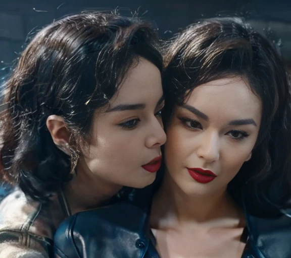 Two sexy lesbians hugging and kissing, in a blue leather jacket, skinny leather pants, Passion, (high quality) 4k
