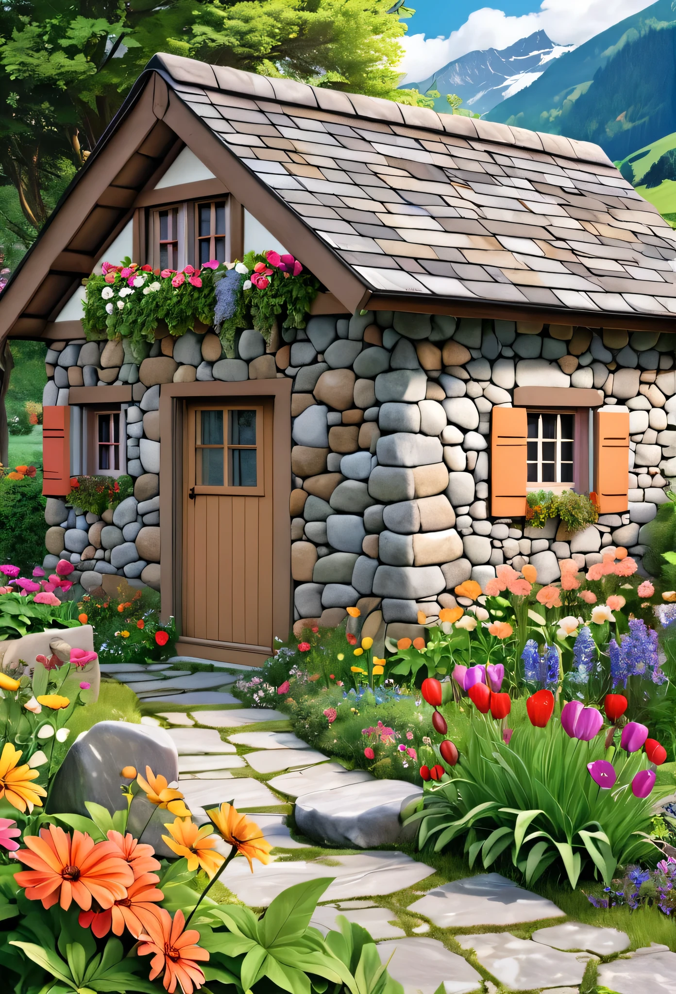  1 simple small stone house for a humble poor person , old,in the middle of a simple garden with flowers of all colors ,Swiss house style
 , arte de qualidade, 8k ,