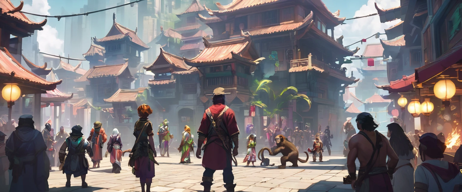 blurred image of a group of people in a city facing a monkey, d & d fantasy digital art, epic Arte de RPG, high quality dnd illustration, d&trends at artstation, d wallpaper&arte d, d & d fantasia pintura digital, d & of fantasy art, Arte de RPG, Arte de RPG, d&arte dwork