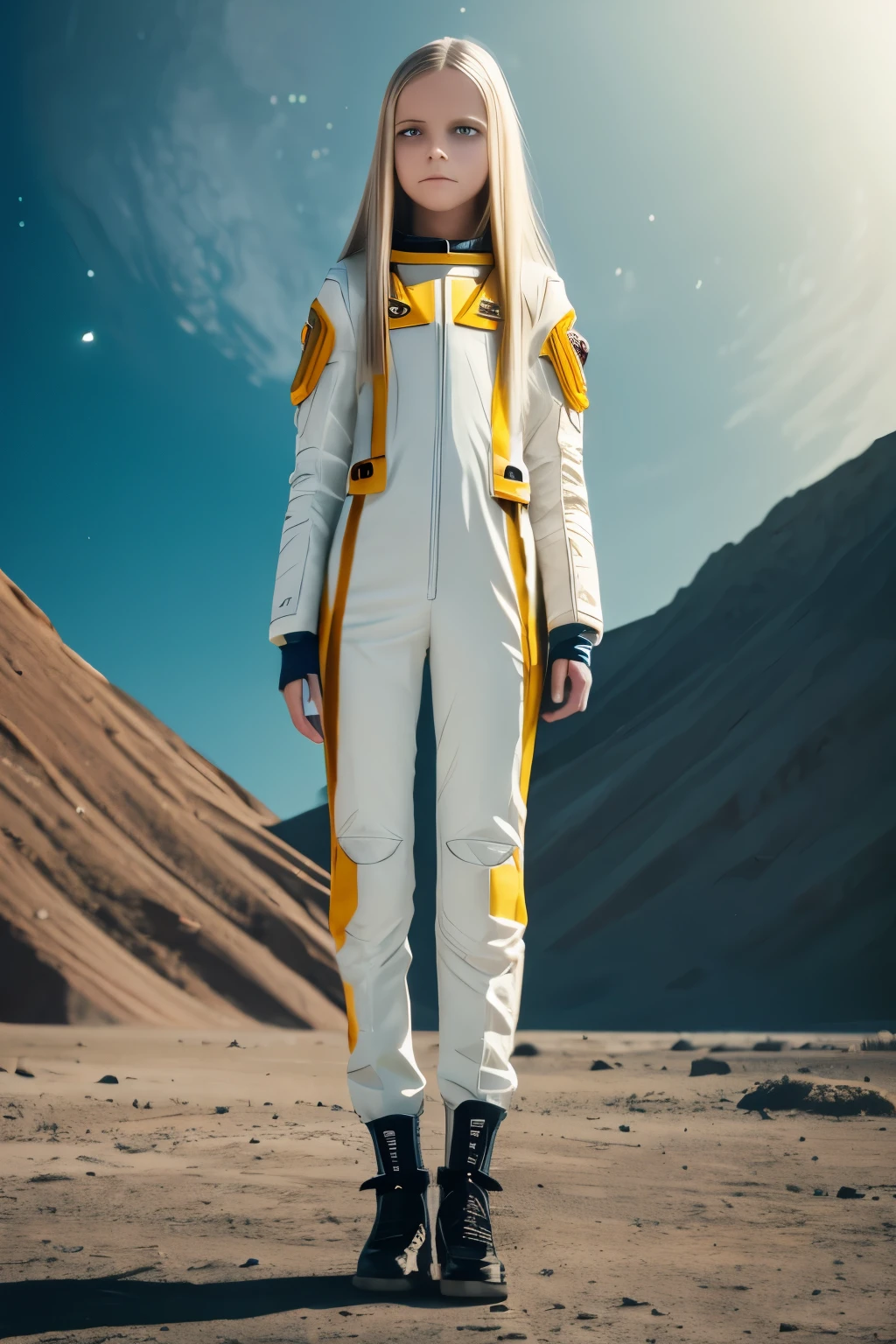 (young girl, , blond hair, photorealistic, pale skin), (yellow (eyes:1.2)), (slim build:1.3), (fantasy space suit), beautiful face, symmetrical face, Greg Rutkowski, wlop and Sam Kuvshinov, (long hair), blond eyelashes, large iris, large pupil, full body, standing on the background of the cosmodrome, artstation, 8k, science fiction, pastel colors, props, panel, concept, futuristic, gribble, simon stalenhag, space, in outer space, a spaceship in the sky, technological blocks