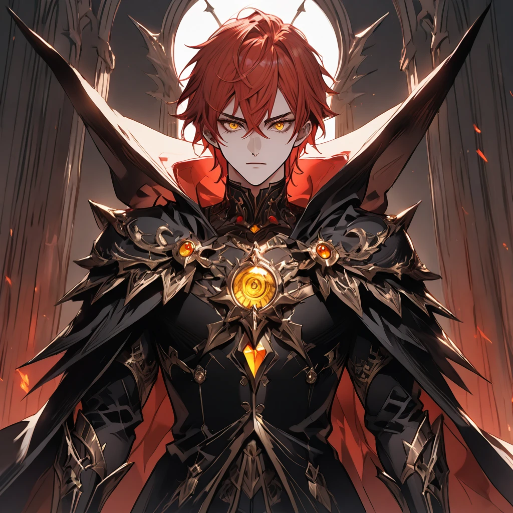 male face, red hair, yellow eyes, extremely detailed eyes, perfect eyes, extremely detailed face, black overcoat, powerful cape, RPG style, broad shoulders, upright posture, facing the image, no light in the image, no shadows in the image, 8k.