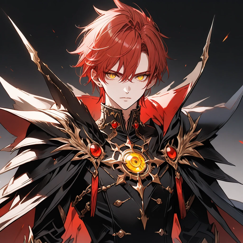 male face, red hair, yellow eyes, extremely detailed eyes, perfect eyes, extremely detailed face, black overcoat, powerful cape, RPG style, broad shoulders, upright posture, facing the image, no light in the image, no shadows in the image, 8k.