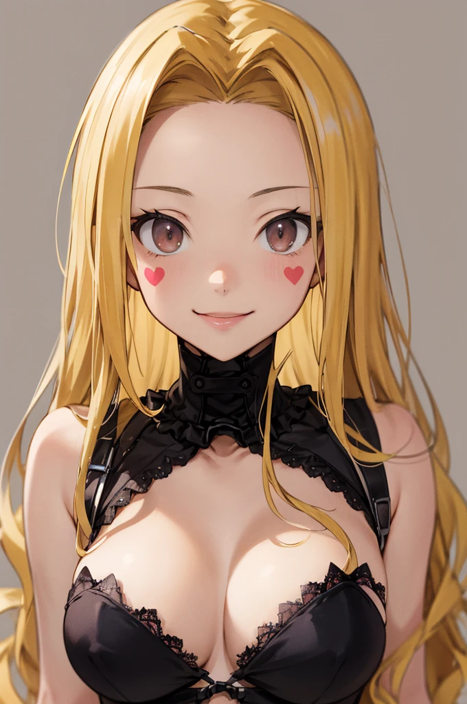 masterpiece, best quality, highres, aaluis, long hair, facial mark, mole under mouth,,smile,,blonde,grey background,(((lace dress))),big breasts,looking viewer