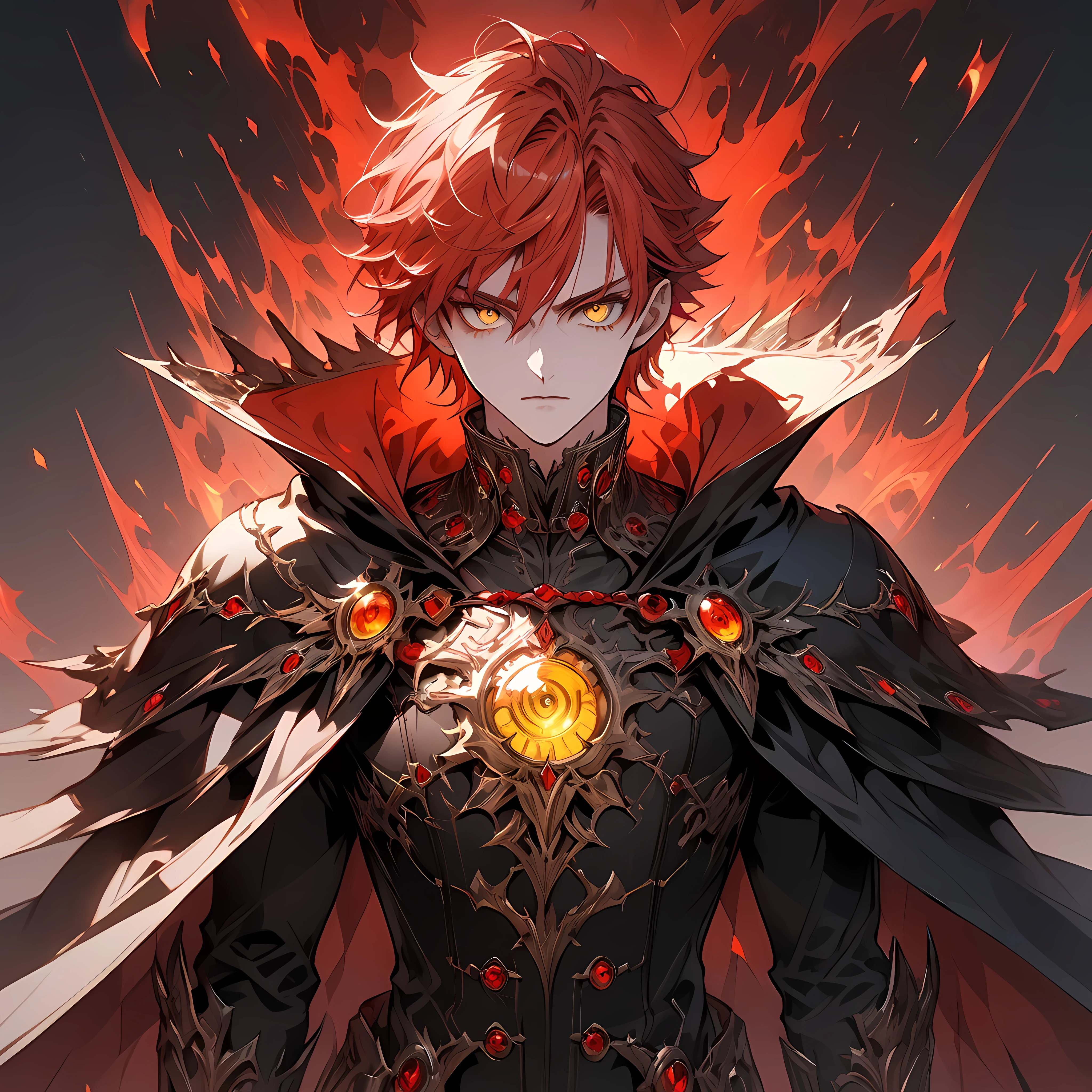 male face, red hair, yellow eyes, extremely detailed eyes, perfect eyes, extremely detailed face, black overcoat, powerful cape, RPG style, broad shoulders, upright posture, facing the image, 8k.