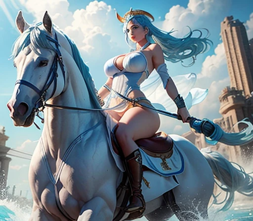 (Athena) light blue hair fighting with a transparent white dress wet athletic body slim waist big breasts big buttocks on horseback
