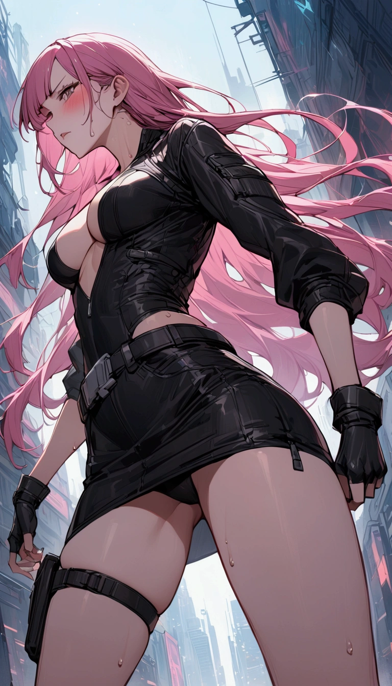 from below,dutch angle,from side,{{masterpiece}}, {{{Highest quality}}},{{Very detailed}},{{Fight}},{{fighting stance:1.6}},{{Cyberpunk style female warrior}},{{critical situation:1.6}},{{cyberpunk}},Beautiful thighs,1girl,30years old,{Mature Woman}},,{{Tight leather jacket:1.2}},belt,black fingerless gloves,Mini Length One-piece.Clavicle, slender legs, skirt,holster,{{Grit your teeth:1.4}},,{{v-shaped eyebrows}},Bad mood,blush,Sweat,raise one's eyebrows ,{{View your viewers}}、pink straight long hair ,blunt bangs.abdominal pain ,{{pain}},