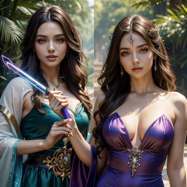 (masterpiece, best quality:1.5), highest quality, High resolution, super detailed, Realists, Upper body photo of a brunette sorceress, detailed and beautiful eyes, beautiful detailed lips, very detailed eyes and face, longeyelashes, shiny satin dress, Holding a wand in your hand and performing a transformation spell, The snake in the other hand turns into a sword, Magic wands present and shiny, Beautiful and colorful makeup, elegant and noble々The jewelry bag, Gardens as background, soft daylight, bright colors, fine brushstrokes, Portrait style, Silk dress fabric, beautiful color palette, glowing skin, First-class rendering, that captures every detail, enchanting atmosphere, subtle shadows and lights, (perfect anatomy:1.2), (The stunning sorceress transforms a snake into a snake sword (a transformation with the magic wand:1.4), (magnificent panorama view:1.2)