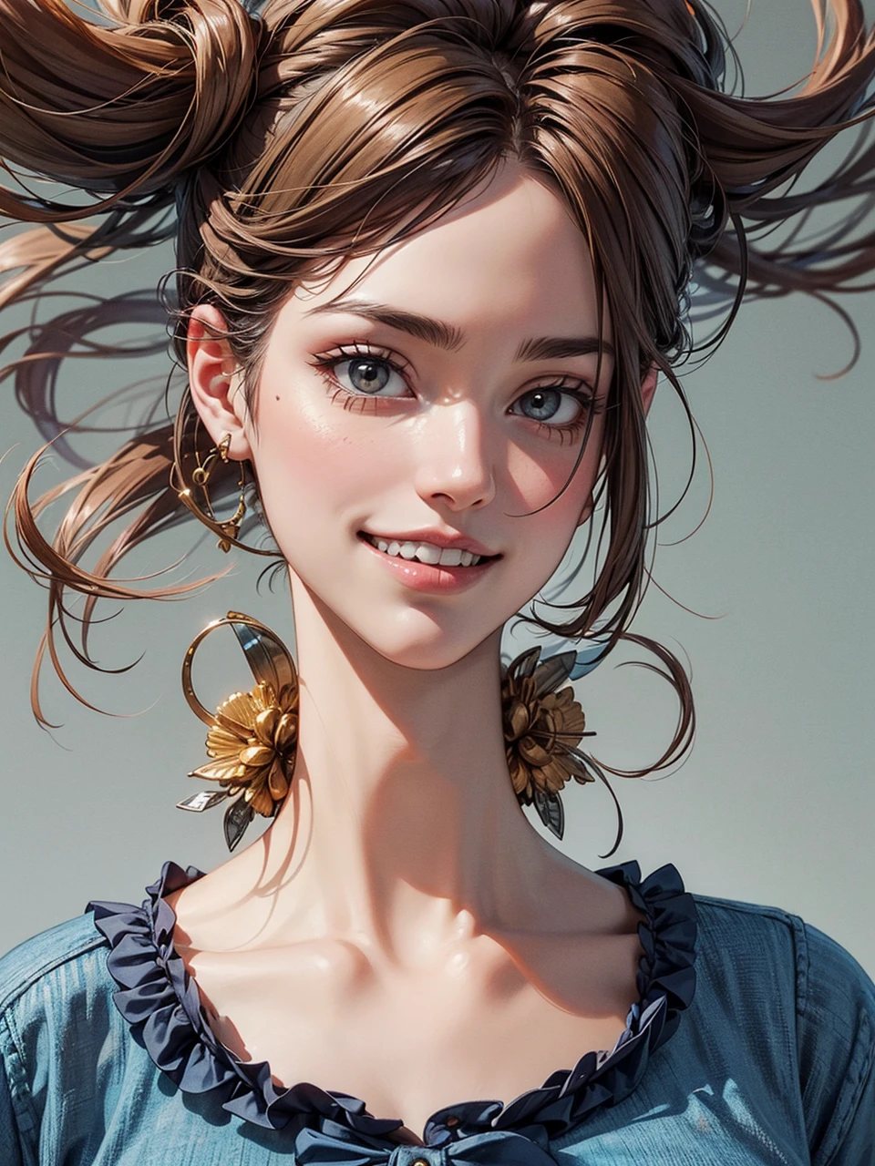 ((masterpiece)), ((Highest quality)), ((Complex)), ((Surreal)), (Realistic), (Mature Woman), ((There are no classes)), Very detailed, (1 female), Beautiful and exquisite, (Beautiful Teeth), Grin, Brunette bob hair, Brown eyes, ((blouse)), (Upper Body), (background:none), Perfect Eyes, Captivating eyes, Looking at the audience