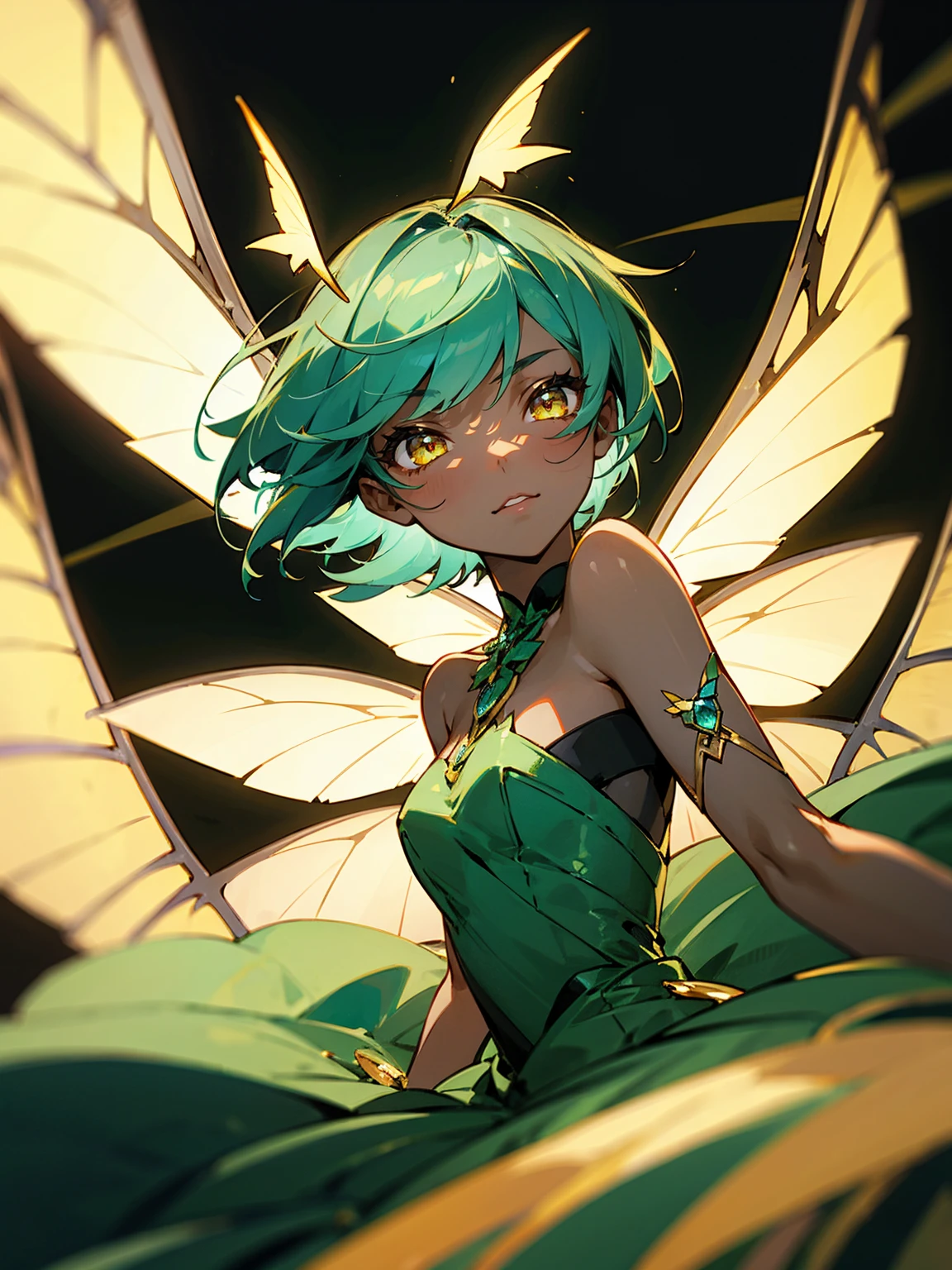 1female, young, azure hair, short hair, dark skin, moth wings, green dress, gold eyes, confident, facing viewer
