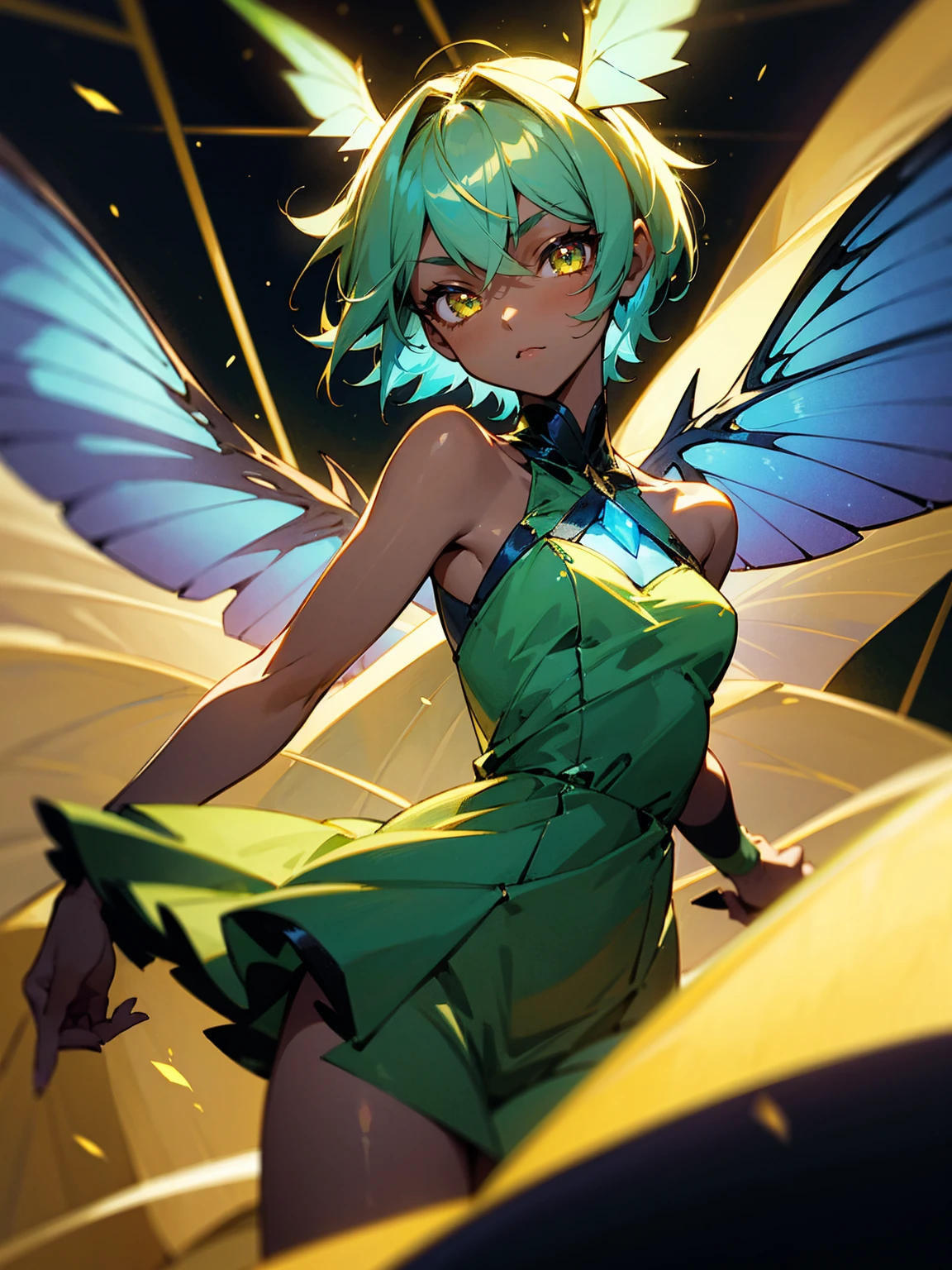 1female, young, azure hair, short hair, dark skin, moth wings, green dress, gold eyes, confident, facing viewer