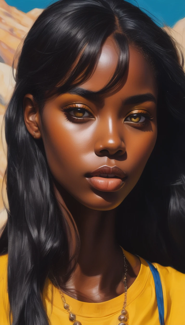 a close up of a woman wearing a yellow top and a yellow scarf, a photorealistic painting by Pamela Ascherson, trending on cg society, afrofuturism, dark-skinned, brown skinned, maria borges, dark skinned, black young woman, dark skin, beautiful yellow woman, with brown skin, young black woman, beautiful artwork, photo of a black woman, passionate girl, casual fashion, sharp focus, Hyperrealistic anime, vibrant colors, hourglass figure, fit belly, cute face with makeup, wide gorgeous realistic eyes with iris, juicy lips 