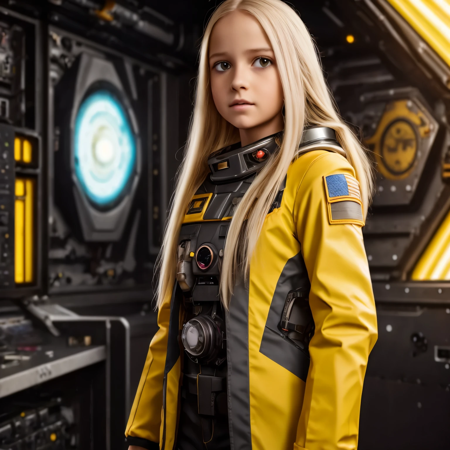 (young girl, 12 years old, blond hair, photorealistic, pale skin), (yellow (eyes:1.2)), (slim build:1.3), (fantasy space suit), beautiful face, symmetrical face, Greg Rutkowski, wlop and Sam Kuvshinov, (long hair), blond eyelashes, large iris, large pupil, full body, standing on the background of the cosmodrome, artstation, 8k, science fiction, pastel colors, props, panel, concept, futuristic, gribble, simon stalenhag, space, in outer space, a spaceship in the sky, technological blocks