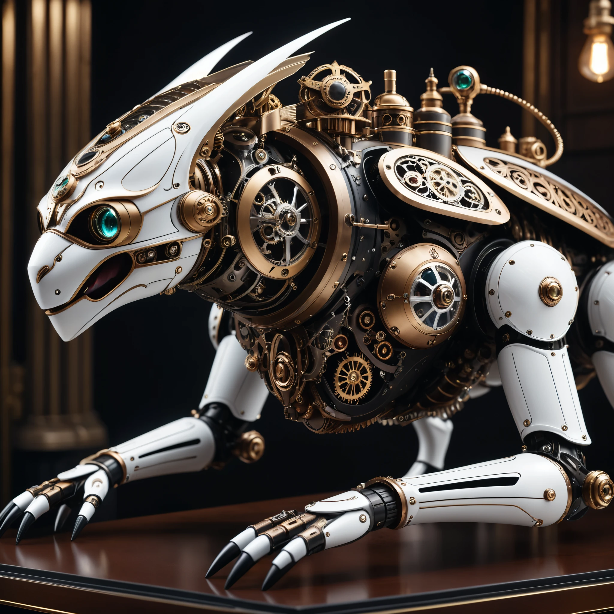 mechanical creature,perfect anatomy,gear,steampunk,cinematic lighting,(masterpiece,8k,Professional,perfect composition,very aesthetic,absurdres,ultra-detailed,intricate details:1.2),perfect proportion,hand