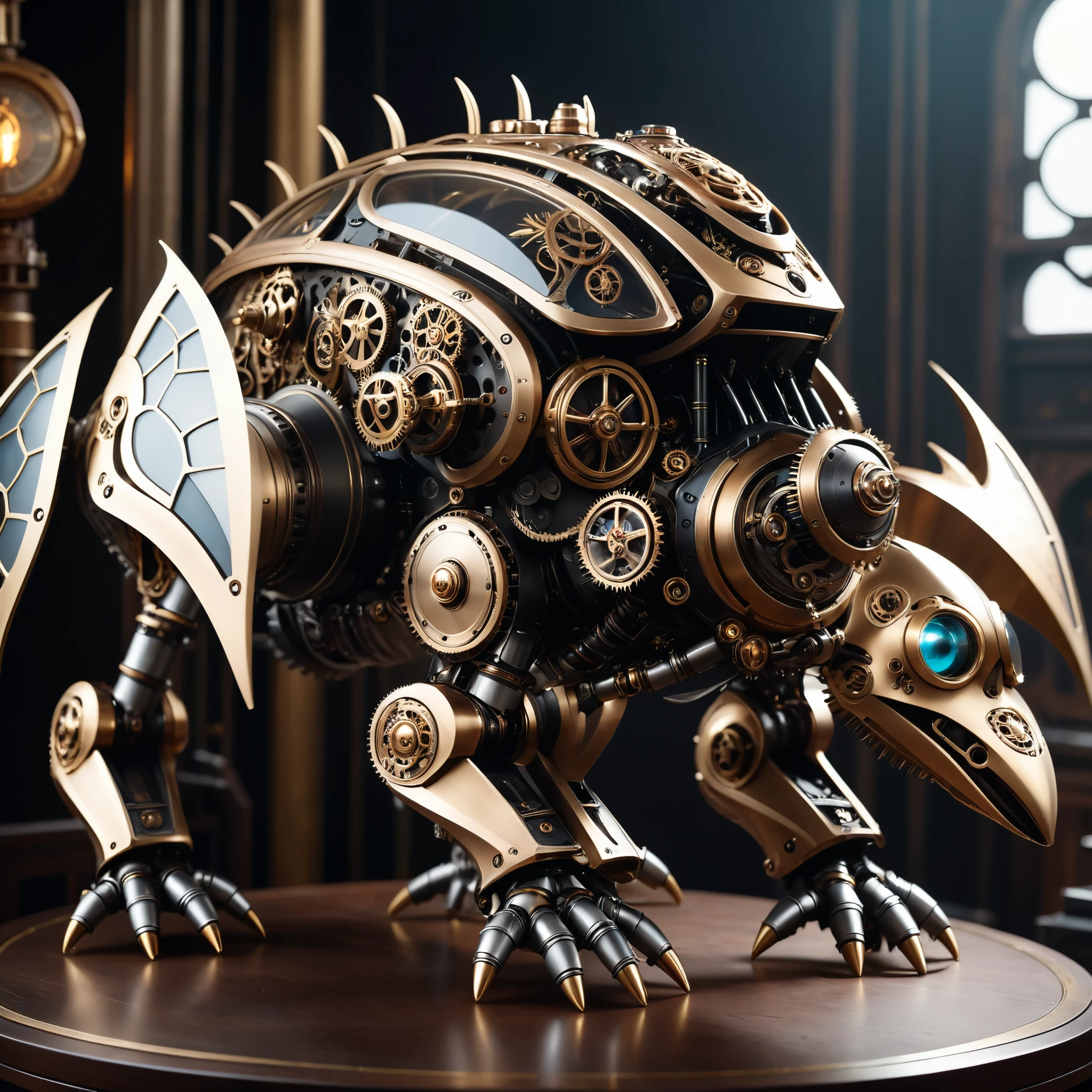 mechanical creature,perfect anatomy,gear,steampunk,cinematic lighting,(masterpiece,8k,Professional,perfect composition,very aesthetic,absurdres,ultra-detailed,intricate details:1.2),perfect proportion,hand