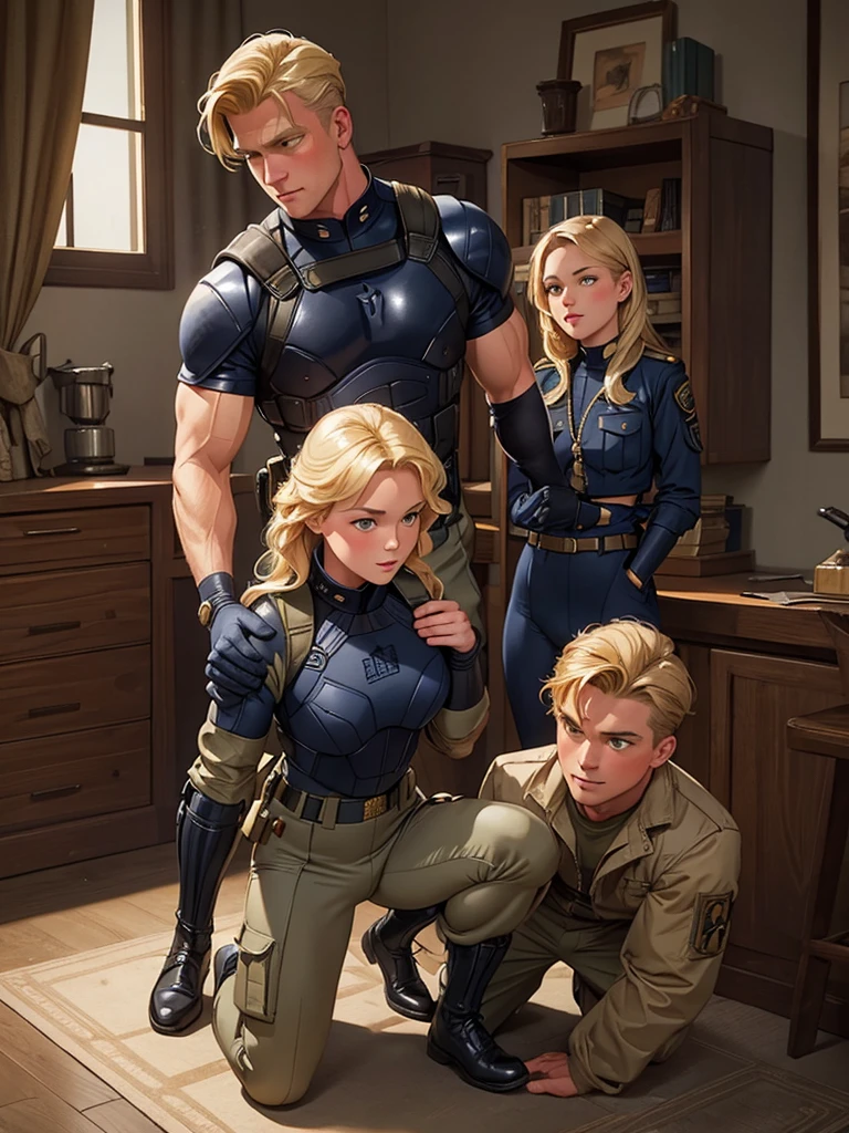 Leyendecker style illustration of a blonde Navy SEAL making love to a girl. He is dressed in a Kevlar body armor, the girl is kneeling in front of him, unbuttoning his trousers and underpants.