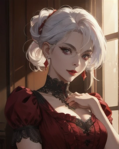 
a mischievous victorian era woman, 30 years old, mischievous, sexy red ballgown, elegant earrings, red lips, updo, long straight white hair, hairdo, striking purple eyes, side-swept bangs, long black gloves, detailed realistic portrait, photorealistic, hyperrealistic, 8k, detailed clothing, beautiful detailed eyes, beautiful detailed lips, extremely detailed face, intricate ornate details, cinematic lighting, dramatic shadows, warm color tones, natural lighting, highly detailed, masterpiece, artstation, sharp focus, hyper detailed, full body
