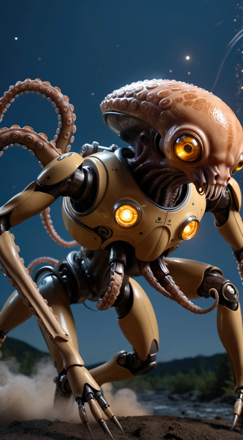 ((best quality)), ((masterpiece)), (detailed), ((best quality)), ((masterpiece)), (detailed) long exposure photorealistic image of a {mechanical octopus chasing prey in motion}, exoskeleton, tiny, fierce, iconic stance, concept art illustration, rough and dynamic, intricate detailed, beat quality wallpaper, 8k, full body, wilderness in the moon night, few animals behind, focus on the creature, soaring the sky, blurred edges, (low angle)++, below view, slow shutter speed motion photography, whirl dust trail behind, shot on FujiFilm XT4 camera f/2. ISO 200, dynamic motion, cinematic movement, blurry edges, super detailed, perfect face, perfect motion, side view, best quality, dust trail along the motion with a fire element transition movement of color background
