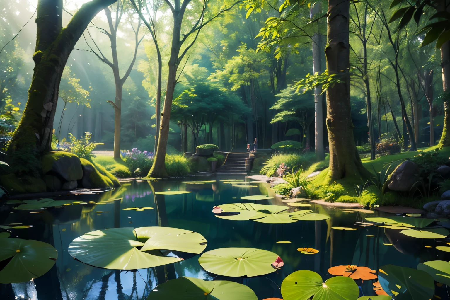 a fantasy elf village, detailed elf figures, lush green forest, intricate wooden architecture, glowing magical lights, mystical atmosphere, serene pond with lily pads, colorful flowers and plants, detailed leaf textures, warm sunlight filtering through the trees, a sense of enchantment and wonder, (best quality,8k,highres,masterpiece:1.2),ultra-detailed,(realistic,photorealistic,photo-realistic:1.37),concept art,vibrant colors,dramatic lighting