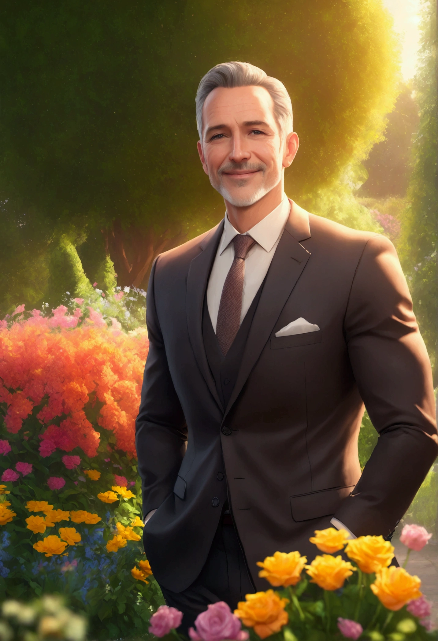A man, father, dad, portrait, photorealistic, highly detailed, 8k, realistic, realistic lighting, warm lighting, warm colors, loving expression, kind eyes, gentle smile, wearing a suit, holding a , outdoors, garden, flowers, sun rays, soft focus