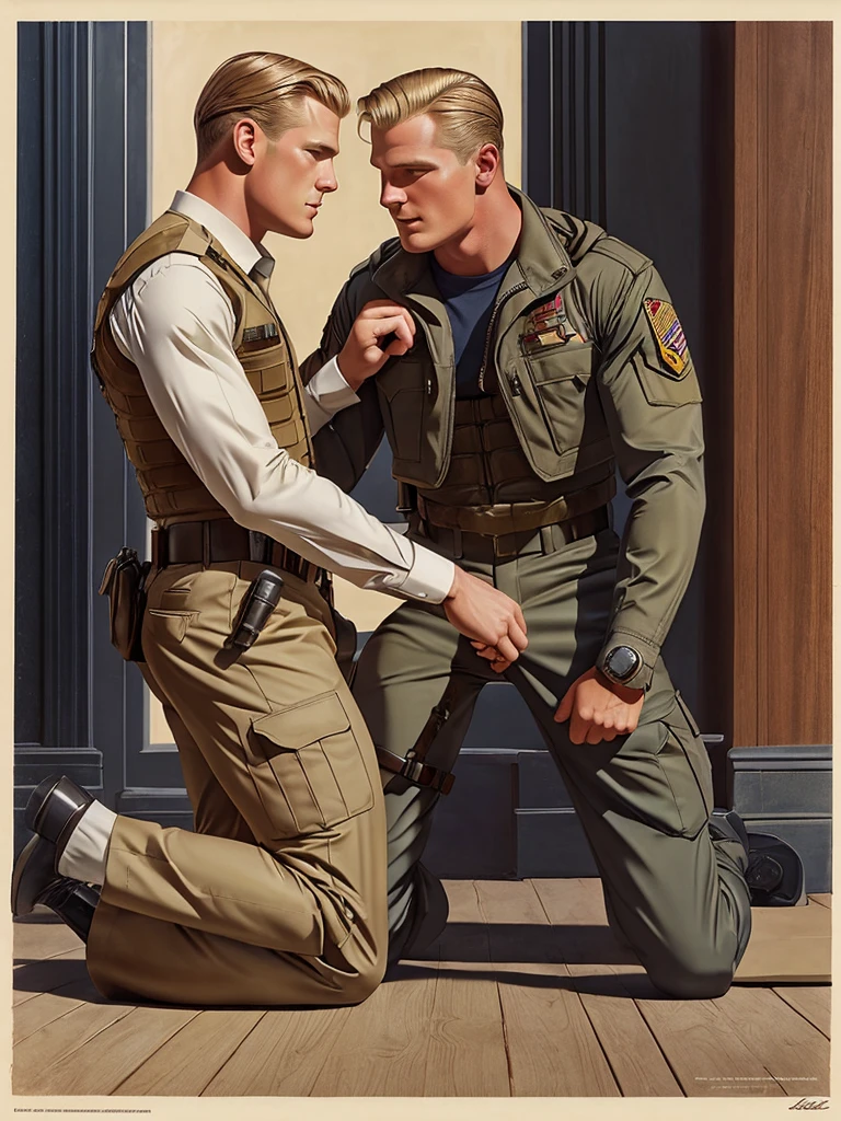 Leyendecker style illustration of a blonde Navy SEAL making love to a girl. He is dressed in a Kevlar body armor, the girl is kneeling in front of him, unbuttoning his trousers and underpants.