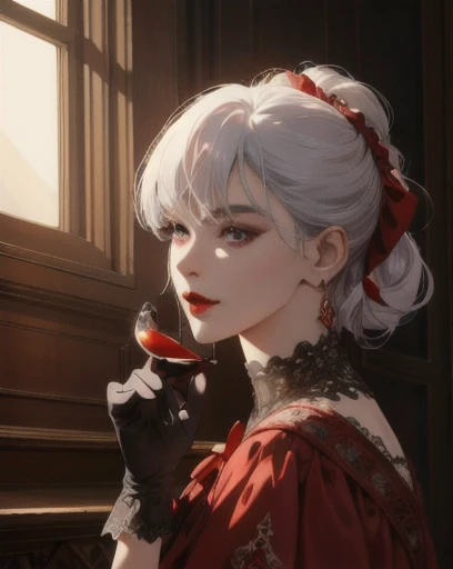 
a mischievous victorian era woman, 30 years old, mischievous, sexy red ballgown, elegant earrings, red lips, updo, long straight white hair, hairdo, striking purple eyes, side-swept bangs, long black gloves, detailed realistic portrait, photorealistic, hyperrealistic, 8k, detailed clothing, beautiful detailed eyes, beautiful detailed lips, extremely detailed face, intricate ornate details, cinematic lighting, dramatic shadows, warm color tones, natural lighting, highly detailed, masterpiece, artstation, sharp focus, hyper detailed, full body
