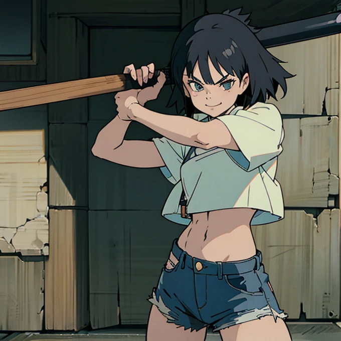 Anime girl, leather jacket, delinquent, black hair, white shirt, ripped jeans, crop top, belly button, baseball bat, smirk, navel, japanese street