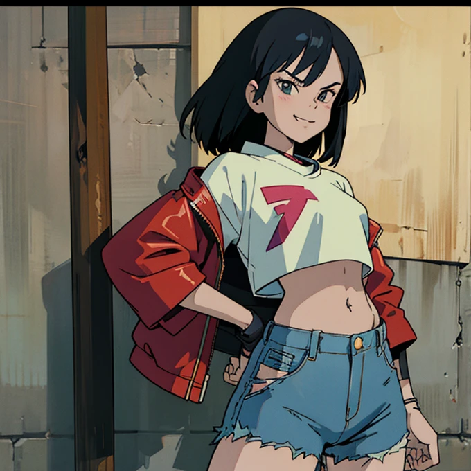 Anime girl, leather jacket, delinquent, black hair, white shirt, ripped jeans, crop top, belly button, baseball bat, smirk, navel, japanese street