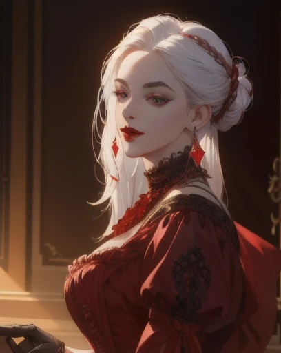 
a mischievous victorian era woman, 30 years old, mischievous, sexy red ballgown, elegant earrings, red lips, updo, long straight white hair, sexy hairdo, striking purple eyes, side-swept bangs, long black gloves, detailed realistic portrait, photorealistic, hyperrealistic, 8k, detailed clothing, beautiful detailed eyes, beautiful detailed lips, extremely detailed face, intricate ornate details, cinematic lighting, dramatic shadows, warm color tones, natural lighting, highly detailed, masterpiece, artstation, sharp focus, hyper detailed, full body
