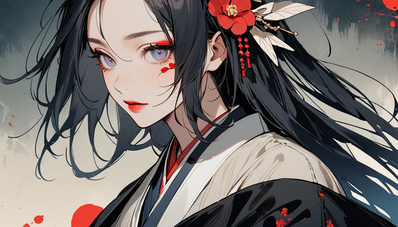 (((Ink Painting))), (((Japan刀))), (((1 girl))), (((Flashy makeup))), (((warrior))), (((Izanami))), Japan人の美少女, Black Hair, Delicate and precise, round face, Modern ukiyo-e style,Japan, Japanese flag