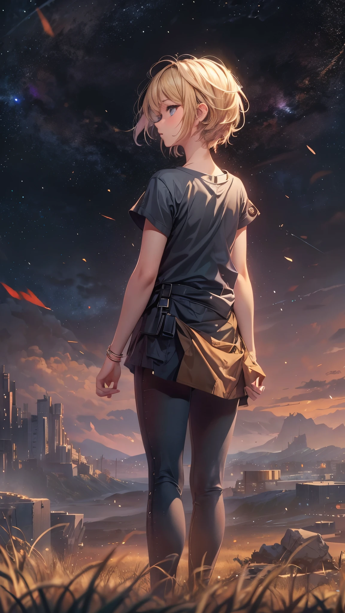 (best quality,4k,8k,highres,masterpiece:1.2),ultra-detailed,realistic,photorealistic:1.37, HDR,UHD,studio lighting,ultra-fine painting,physically-based rendering,extreme detail description,professional,vivid colors,bokeh,girl,lonely,((dark sky, giant glass land, ruined, vast grassland)),no one, blond short hair, girl in her twenties