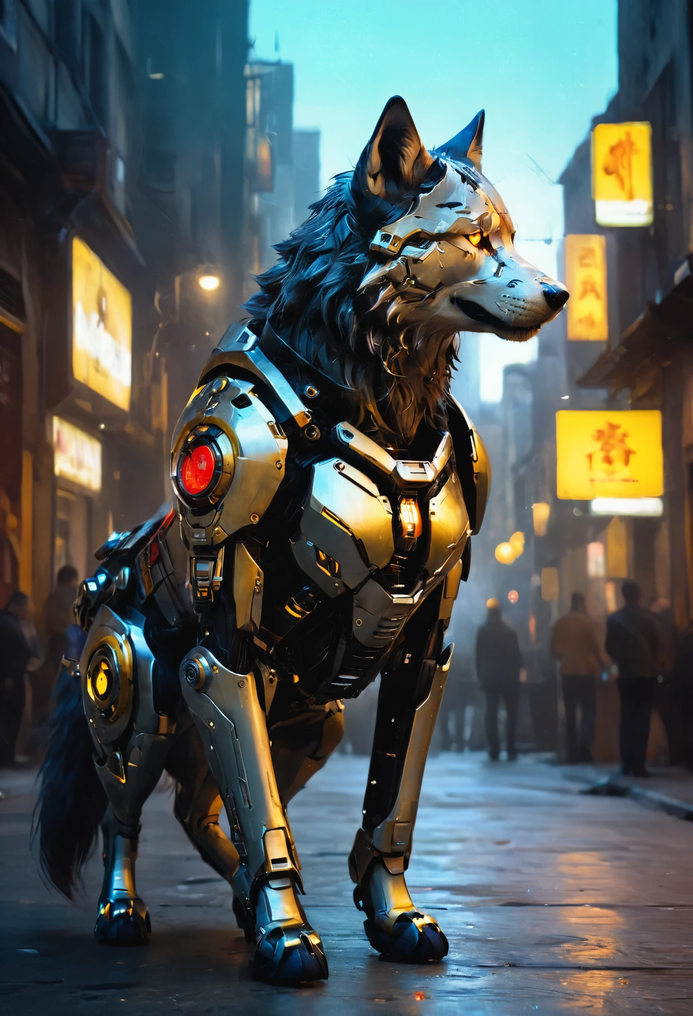 a portrait of a mechanical creature (( mechanical female, anthro wolf: 1.5), ((full body: 1.5)), ((anatomically correct: 1.5)), (ultra detailed face: 1.2), looking feral, looking dangerouse,  yellow eyes. dynamic fur color, glowing eyes, wearing mech armor, delicate armor, wearing high heeled boots, cyberpunk street background, vibrant, Ultra-high resolution, High Contrast, (masterpiece:1.5), highest quality, Best aesthetics), best details, best quality, highres, 16k, (ultra detailed: 1.5), masterpiece, best quality, (extremely detailed) RAW, (ultra details, Masterpiece, best quality),MechanicusStyleAI, Hyperrealism style, anime