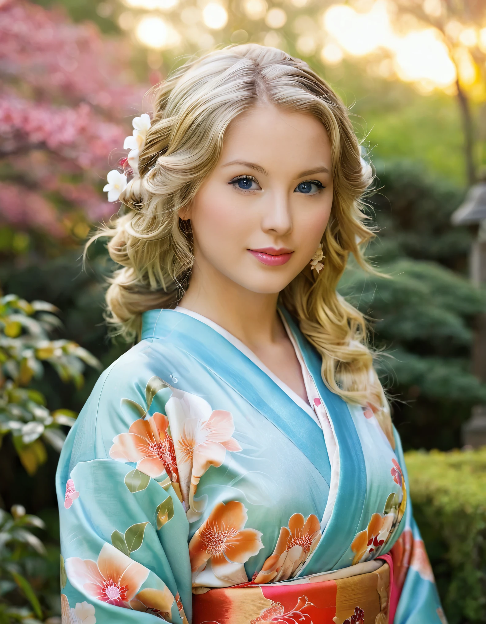 Front view , (standing on garden),  looking at viewer,a American  girl, , beautiful American Young  girl is 30 years old, (Highly detailed face, Blond hair ,Blue eye, Variegated eyes, Fuller lips, little Lips, little smile), (big breasts, big hip), (Japanese kimono, flower pattern), standing in Japanese Palace, near Garden, sunrise ,(masterpiece, Highest quality, masterpiece, God-like quality, Godly art, Very realistic)
