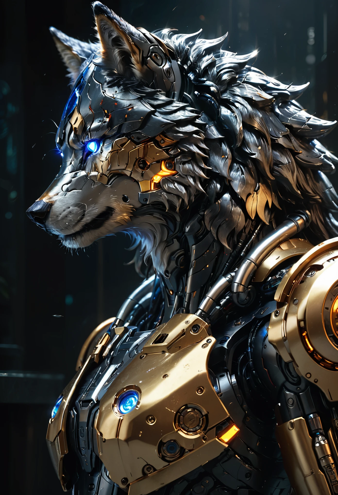 a portrait of a mechanical creature (( mechanical female, anthro wolf: 1.5), ((full body: 1.5)), ((anatomically correct: 1.5)), (ultra detailed face: 1.2), looking feral, looking dangerouse,  yellow eyes. dynamic fur color, glowing eyes, wearing mech armor, delicate armor, wearing high heeled boots, cyberpunk street background, vibrant, Ultra-high resolution, High Contrast, (masterpiece:1.5), highest quality, Best aesthetics), best details, best quality, highres, 16k, (ultra detailed: 1.5), masterpiece, best quality, (extremely detailed) RAW, (ultra details, Masterpiece, best quality),MechanicusStyleAI, Hyperrealism style, anime