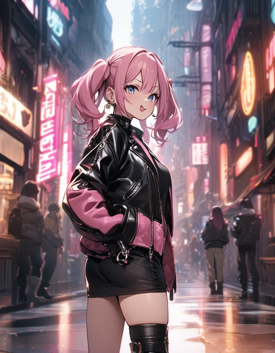 tongue，Gal，Earrings，Twin tails、Pink Hair、Leather jacket、
